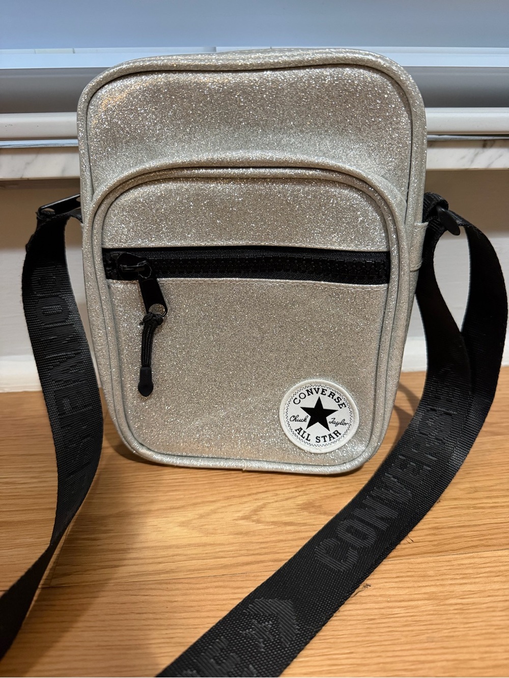Converse Silver Glitter Mini Messenger Bag with Black Strap